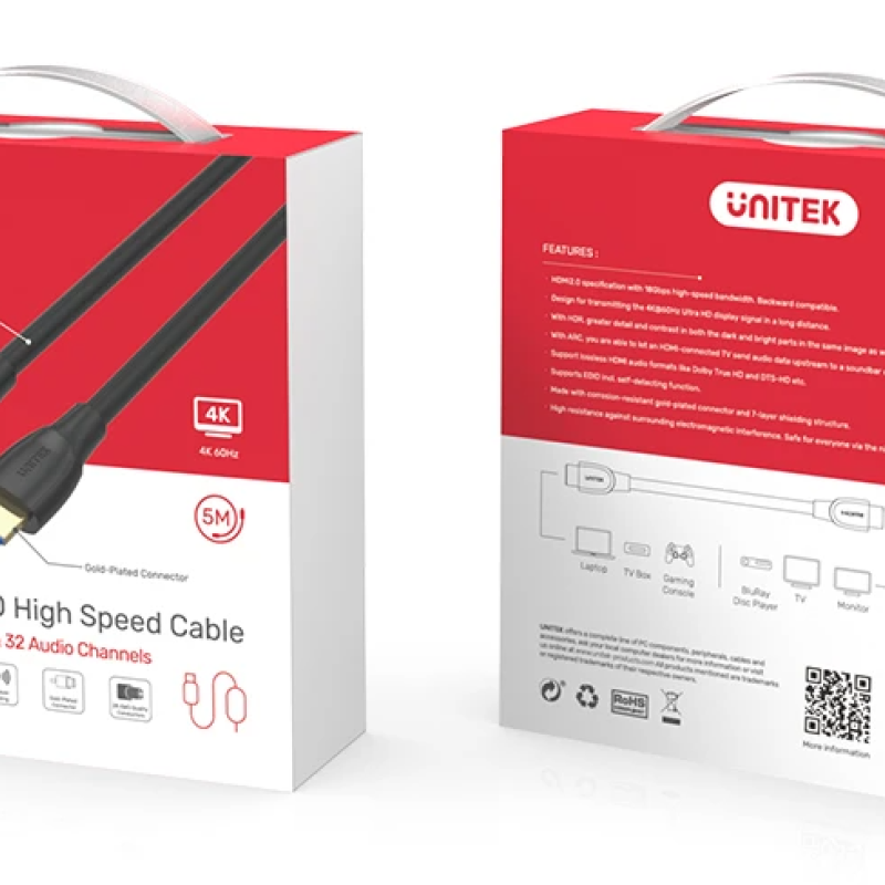 Unitek C11041BK HDMI 2.0 Cable 4K HDR & ARC (Full Copper) 5.0m Black