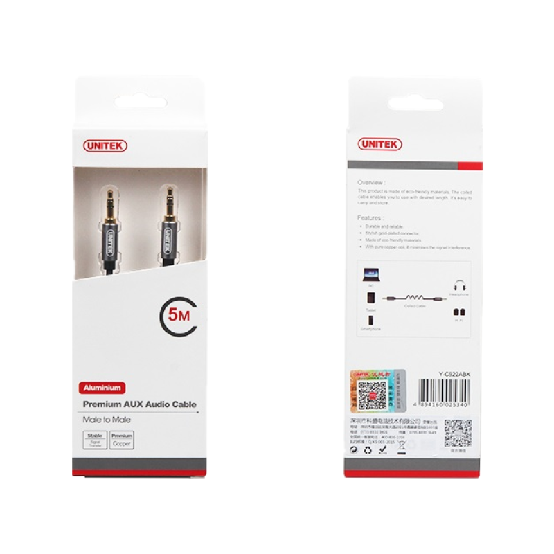 Unitek Y-C930ABK 3.5mm to 3.5mm Audio Cable 5.0m Gold Plated Black/Grey