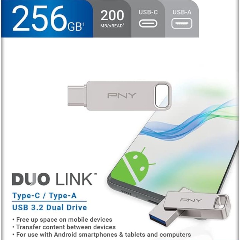 PNY Flash Drive Duo Link USB 3.2 Dual Connector OTG Capless Swivel 256GB Black FDI256DULINKTYC