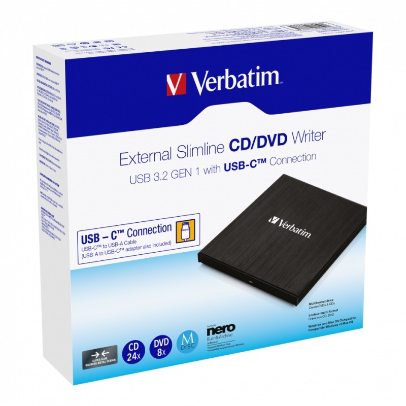 Verbatim External Slimline CD/DVD Writer USB 3.2 USB-C Black