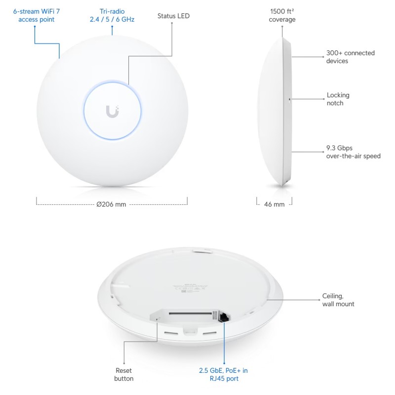 Ubiquiti UniFi 7 PRO Wi-Fi 7 Ceiling Access Point U7-PRO