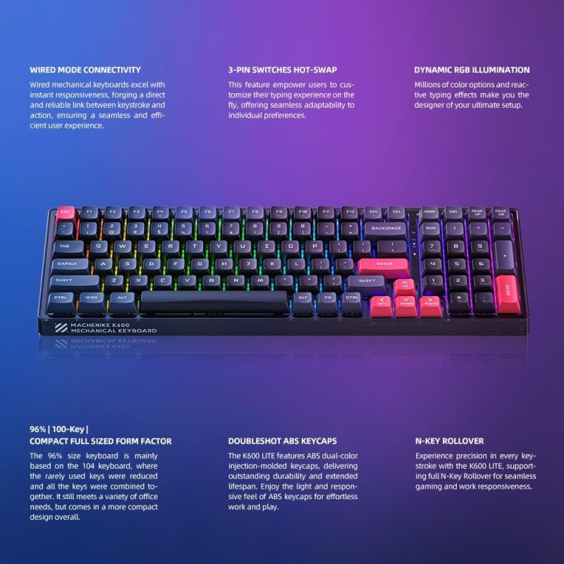 Machenike K600-B100 LITE Mechanical Gaming Keyboard 104 Red Switch Keys