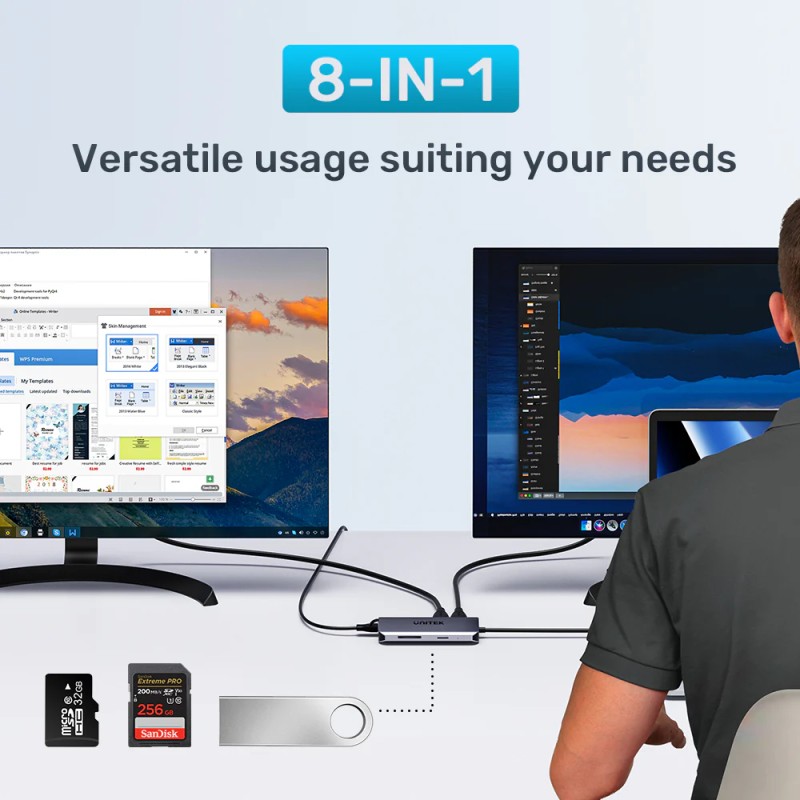 Unitek USB-C Hub 3xUSB/2xHDMI MST/SD/Gb/PD100W D1122A