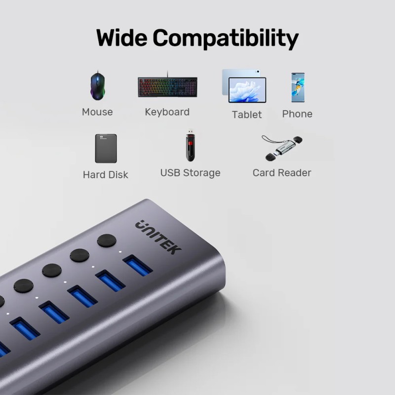 Unitek USB-C Hub 7xUSB-A Power Switch 12V2A H1314A
