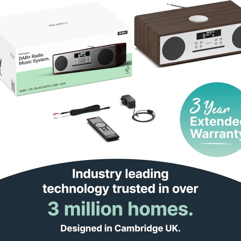 Majority OAKINGTON (Walnut) Mini HiFi System 120W with CD Player, Bluetooth, FM Radio, USB Play & Phone Charging