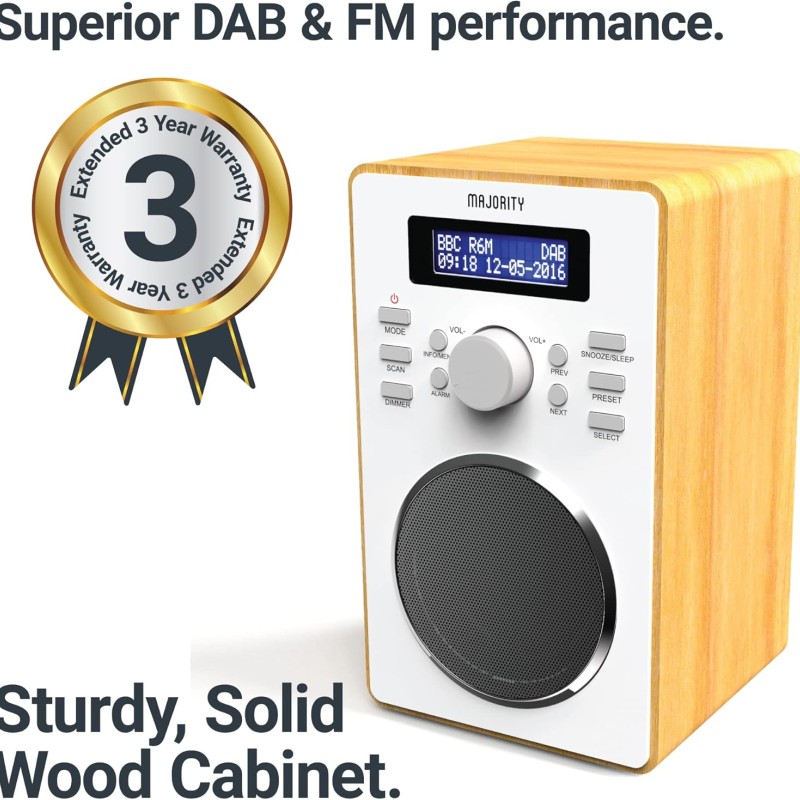 Majority BARTON FM/DAB Radio with Dual Alarm & LED Display (Oak)