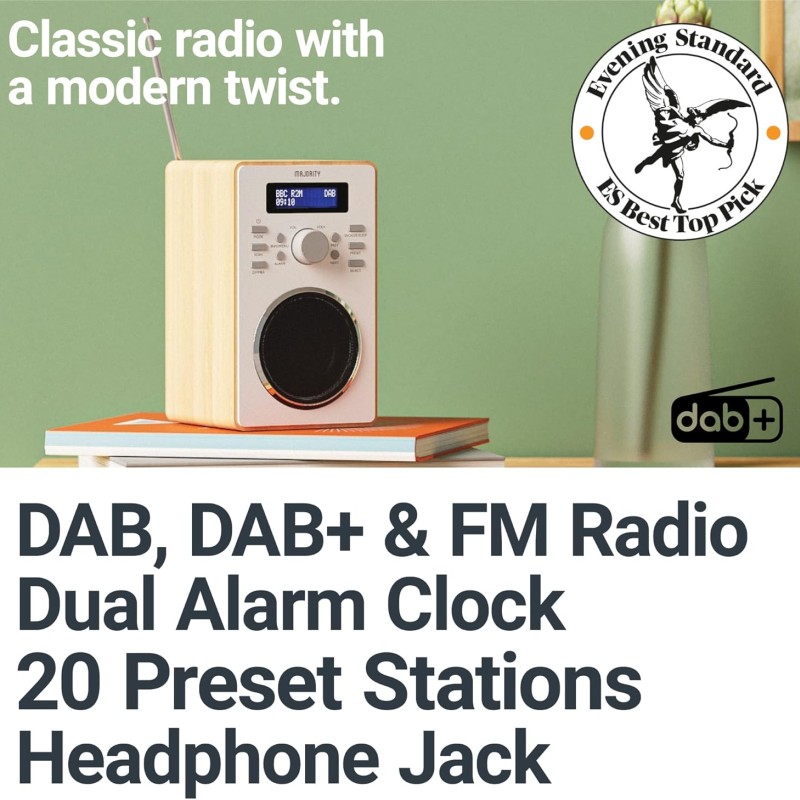 Majority BARTON FM/DAB Radio with Dual Alarm & LED Display (Oak)