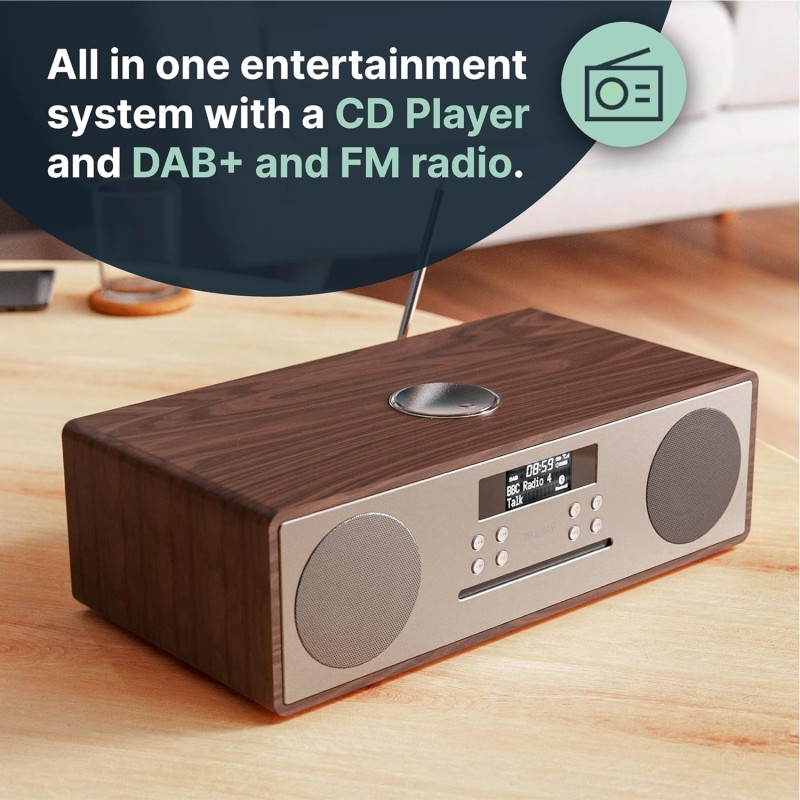 Majority OAKINGTON (Walnut) Mini HiFi System 120W with CD Player, Bluetooth, FM Radio, USB Play & Phone Charging