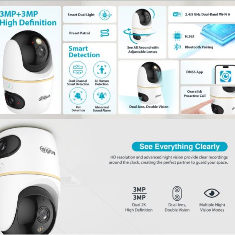 Dahua IP Indoor 3.0MP Wifi PT Dome Dual Lens H3D-3F