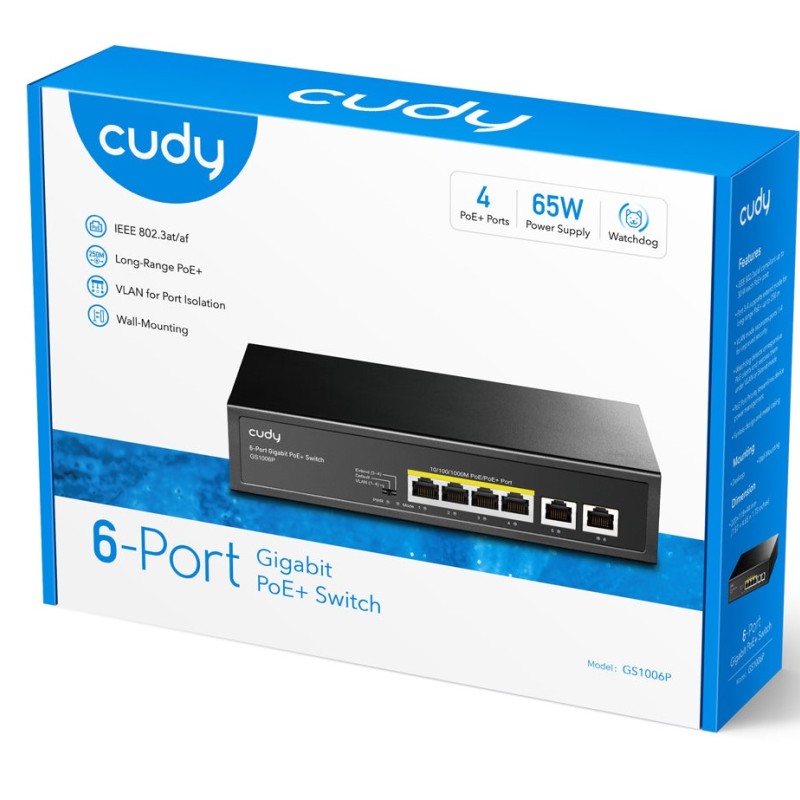 Cudy Switch PoE Gigabit 4PoE + 2GbE Uplink 65W GS1006P
