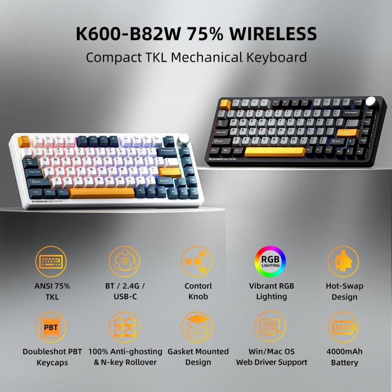 Machenike K600-B82W Gasket Wireless / BT Gaming Mechanical Keyboard Brown Switches