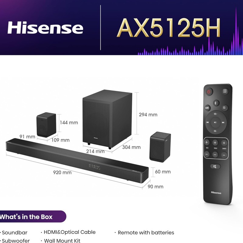 Hisense Soundbar AX5125H 5.1 2 500W Dolby Atmos + Wireless Rear Speakers