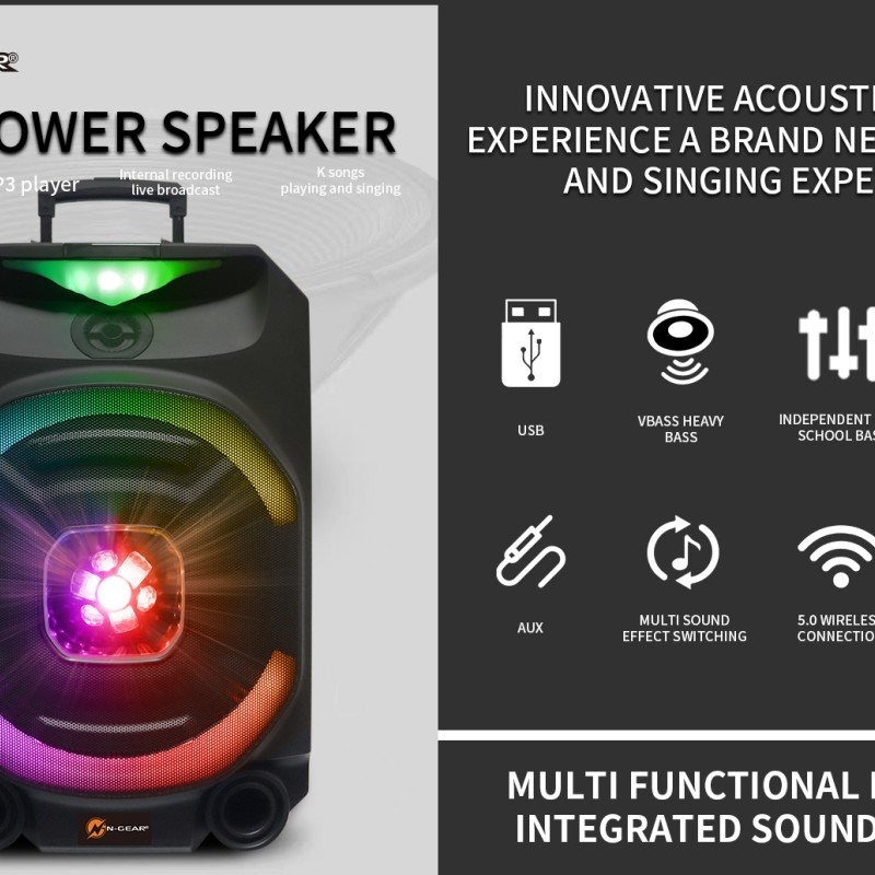 N-Gear FLASH1550 15'' Portable Karaoke Disco Speaker with Wireless Mic BT USB & LED Effects