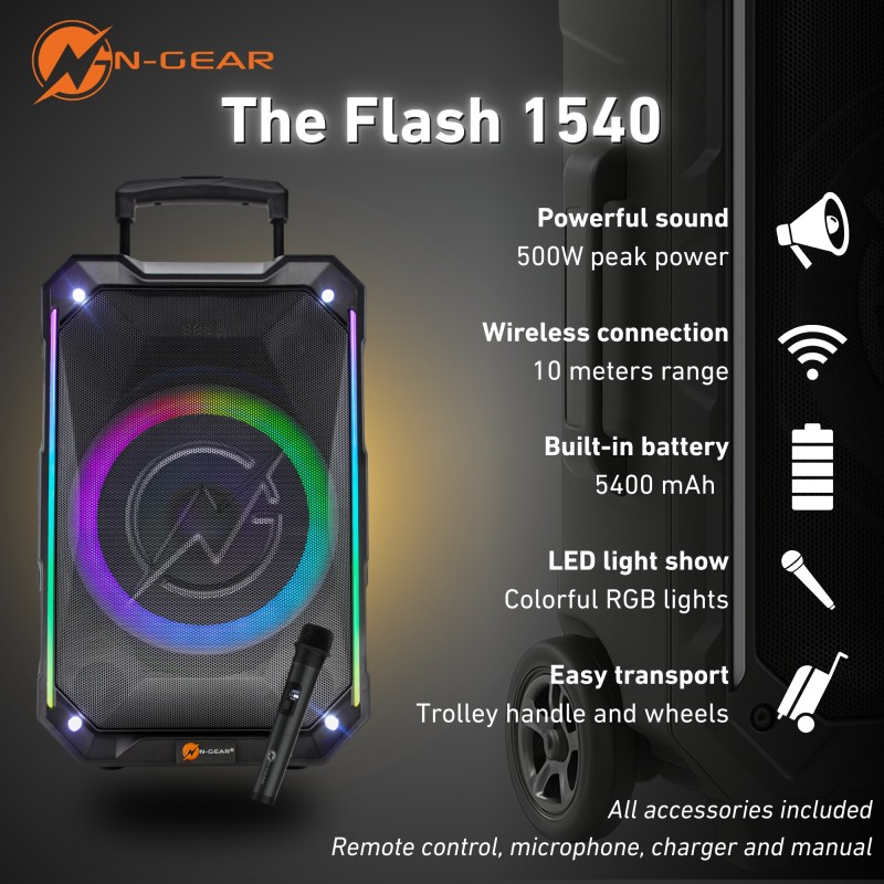 N-Gear FLASH1540 15'' Portable Karaoke Speaker with 1x Wireless Mic LED Lights USB & BT