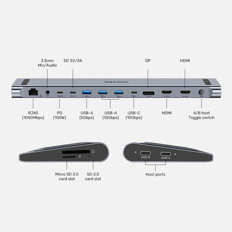 Unitek D1106A USB-C Docking Station & 2-Port KVM 10Gbps Triple Display (Connect 2 PCs to 3 Monitors)