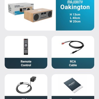 Majority OAKINGTON (Oak) Mini HiFi System 120W with CD Player, Bluetooth, FM Radio, USB Play & Phone Charging