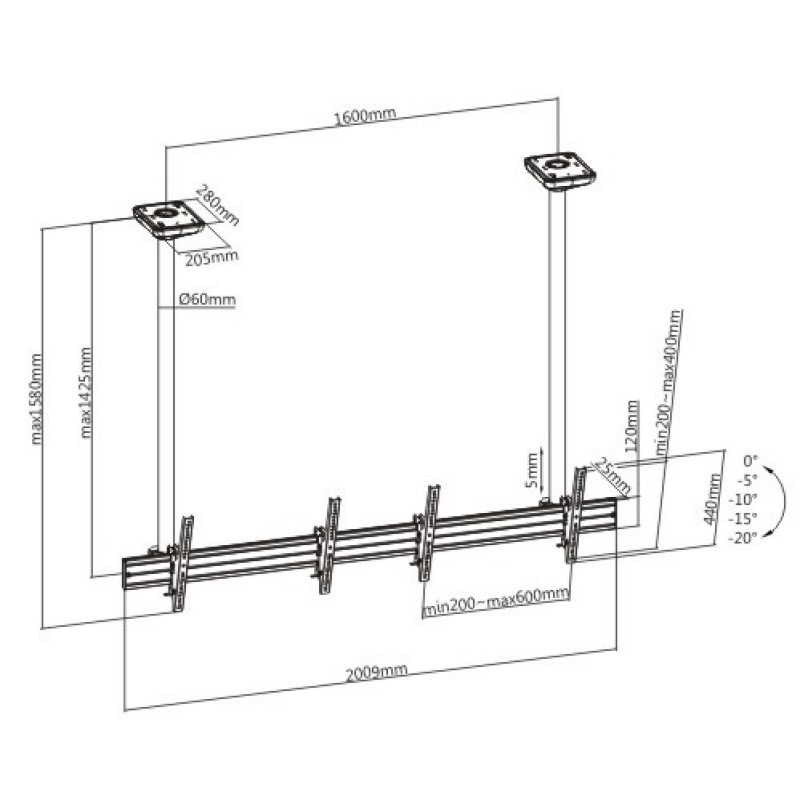 Brateck TV Ceiling Mount Twin 60x40 50kg/Screen 1.58m Lockable LVC03-246TL-02
