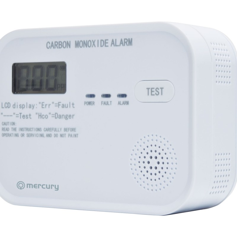 Mercury COD-218A Standalone Carbon Monoxide Alarm with LCD Display showing CO levels 350.139UK