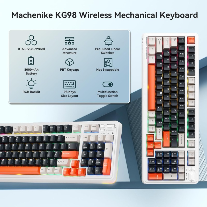 Machenike Wireless Gaming Keyboard,Type-C / 2.4 G / Bluetooth, Blue Switches, 8000 mAh battery, KG98
