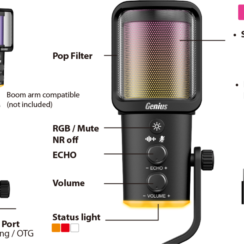 Genius PC Microphone Streaming USB-A+C RGB/Echo/Mute MIC-S400U